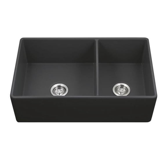 Houzer Platus 33 inch Black Fireclay Apron Front Farmhouse 60/40 Double Kitchen Sink - PTD-6040 BL-C with Basket Strainer and Basin Grids Included