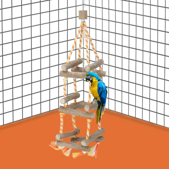 Columpio de madera para pájaros y mascotas de tres capas, puente colgante de juguete con cuerda de algodón para resistencia a las mordeduras de loros