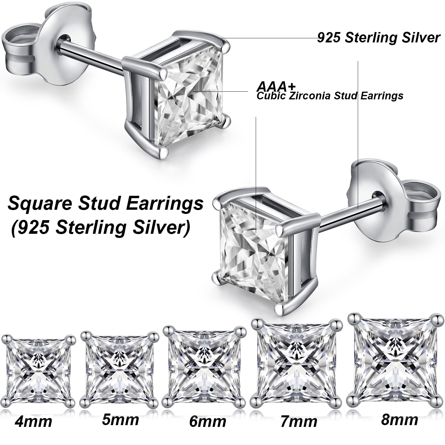 Diamond Earrings Men Women Stud Earrings Cubic Zirconia Stud Earrings Square Earrings Men Square Stud Earrings Fake Diamond Stud Earrings CZ Earrings Square Stud Mens Earrings 4mm