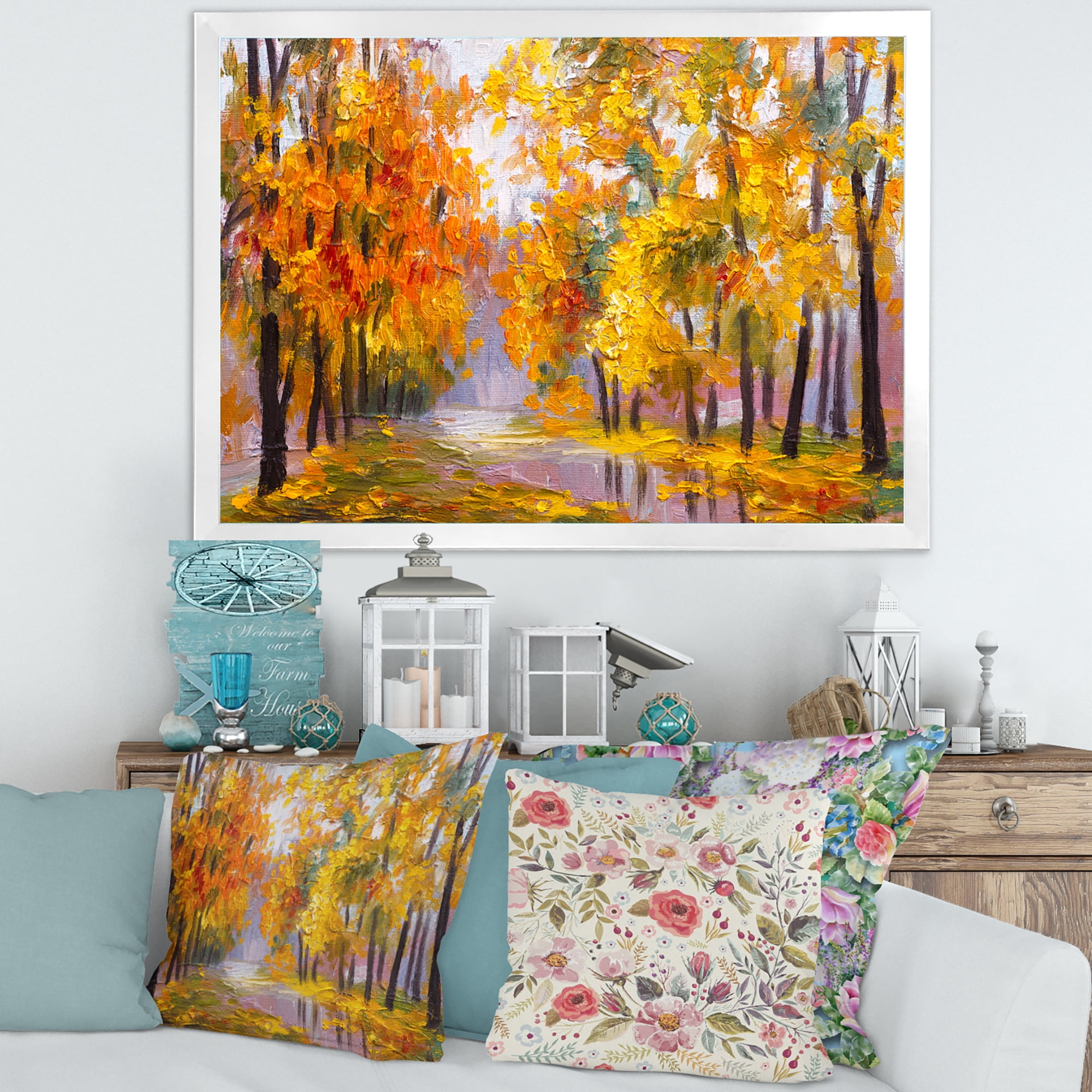 Designart 'Forest Full Of Fallen Leaves In Autumn Along River' Lake House Framed Art Print