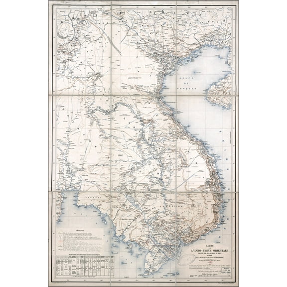 24"x36" Gallery Poster, map of vietnam laos cambodia in french 1881