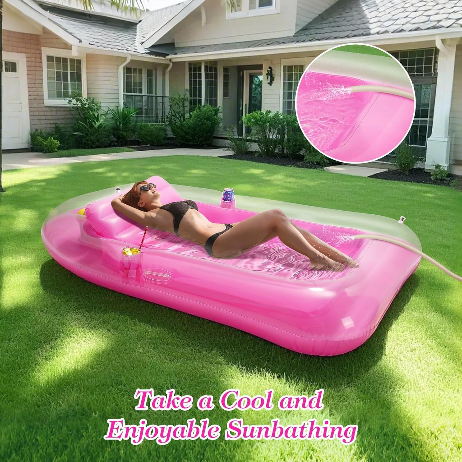 Pool Floats Adult, Large Floating Bed with Ice Bar, Tanning Bed Pool Raft Inflatable Lounger with Drink Holder Tanning Chair Inflatable Pool Toys for Party Beach Backyard