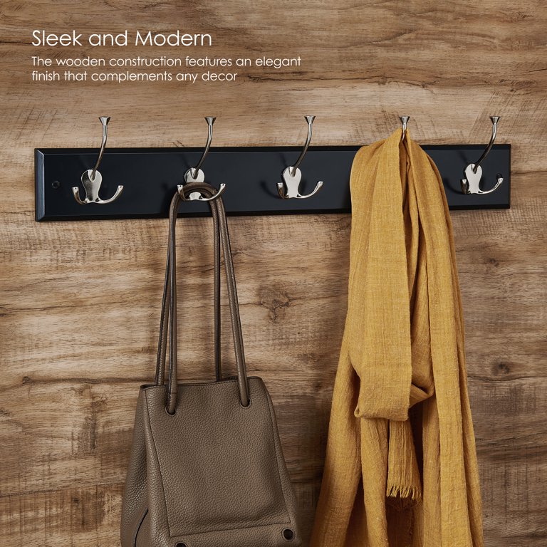 Melannco 27X5 Inch Wall Mount MDF Coat Rack With 5 Silver Metal