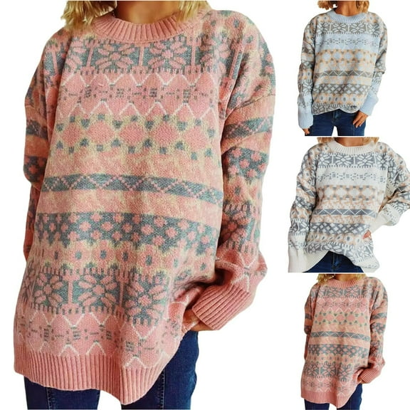 Felirenzacia Women's Casual Jumpers, Nordic Knit Pullover, Crew Neck Long Sleeve Sweater with Geometric Pattern
