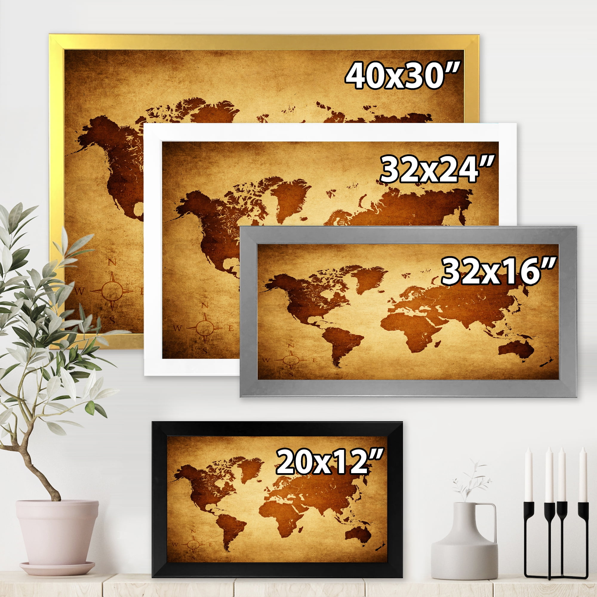 Designart 'Ancient World Map VI' Vintage Framed Art Print