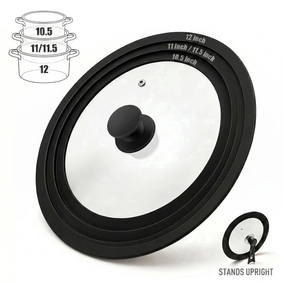 9.5-12 Inch Clear Glass Pot Lid with Vertical Stand — Silicone Rim Fits Multiple Pan Sizes, Interchangeable Handle for 10"/11"/12" Cookware