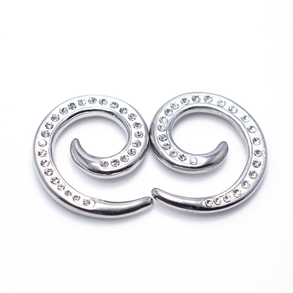 Pair of Ear Hanger Plug Tapers Surgical Steel Spiral with Clear Paved Gems