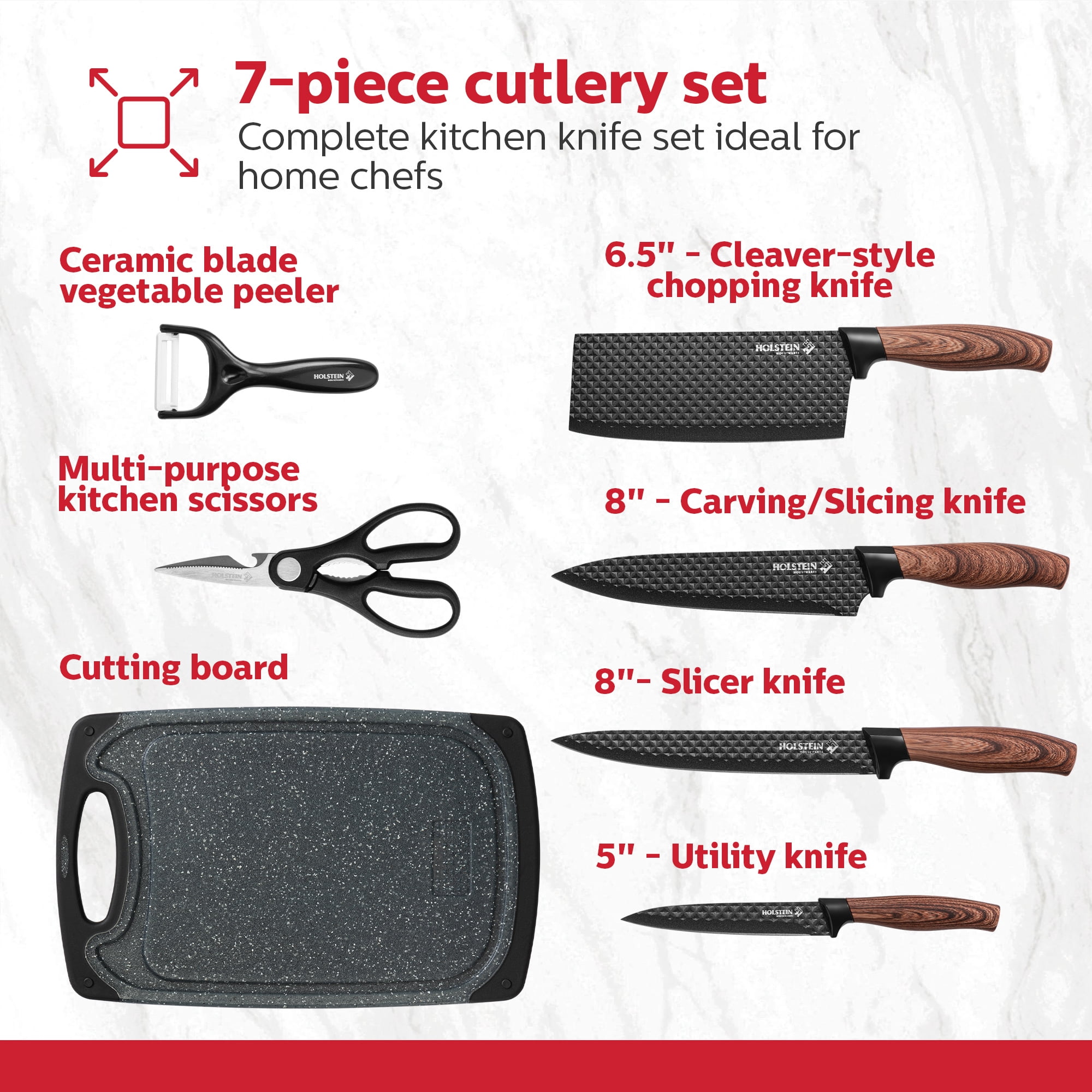 Holstein Housewares 7-Piece Knife Set with Cutting Board, Peeler and Scissors