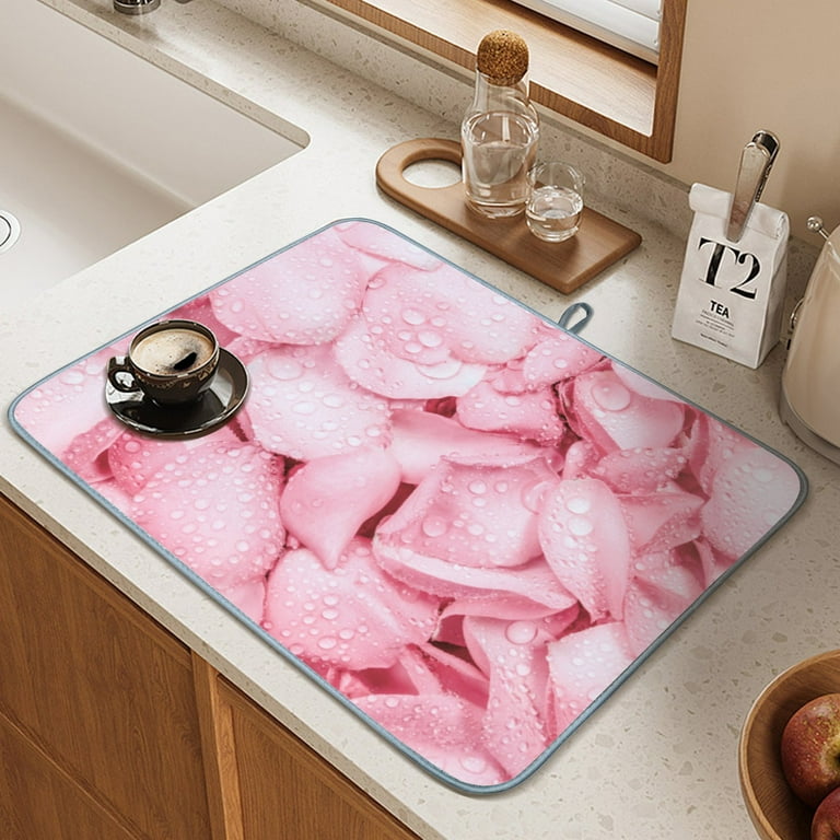 Wellsay Microfiber Dish Drying Mat for Kitchen the Fresh Light Pink Rose Dishes Mat for Kitchen Counter Dish Drying Pad with High Absorbent Dish