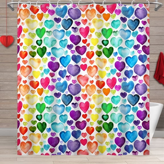 AUQ Valentine's Day Colorful Heart Shower Curtain,Romantic Valentine's Theme Sweetheart Gradient Geometric Rainbow Bathroom Curtains Waterproof Fabric Bathtub Curtains with 12 Hooks 72