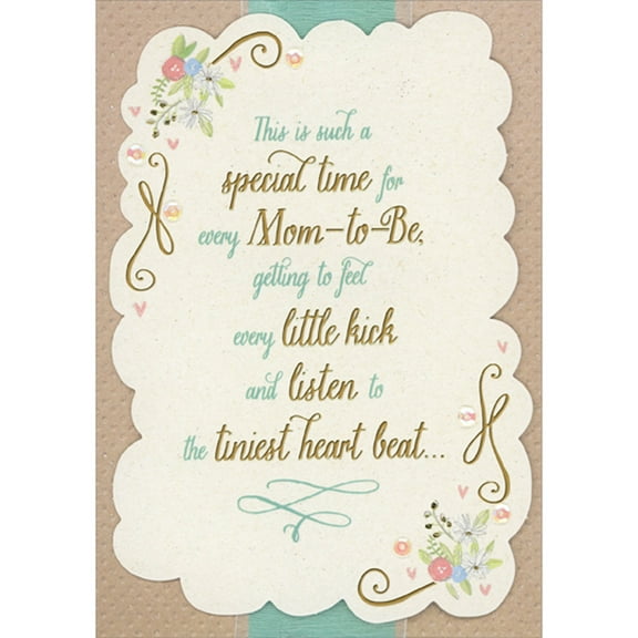 Designer Greetings Special Time For Every Mom-to-Be 3D Scalloped Edged Banner Over Blue Ribbon and Brown Background Hand Decorated Keepsake Mother's Day Card