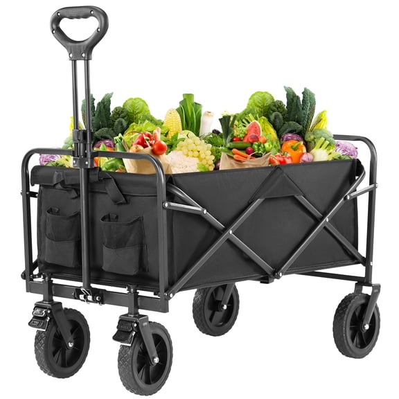CONCETTA Collapsible Wagon Cart, Portable Utility Wagon for Campingwith Drink Holders, Large Capacity,Black