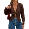 thumbnail image 2 of Women Knitted Cardigan Long Sleeve V-Neck Sweater One Leaf Button Down Outwear Coffee M, 2 of 9