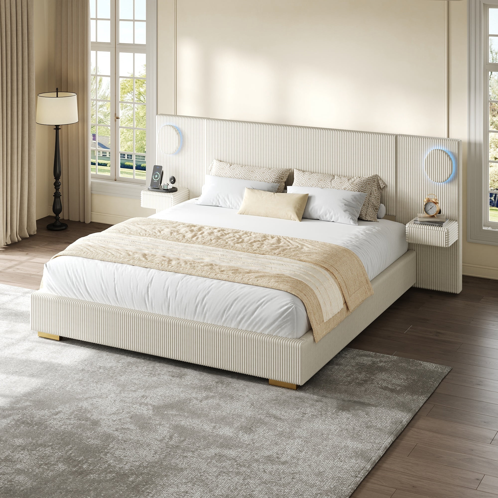 Euroco Upholstery King Size Platform Bed with LED Light and Drawers, High Headboard Design with Bedside Tables and USB Ports, No Box Spring Needed, Beige
