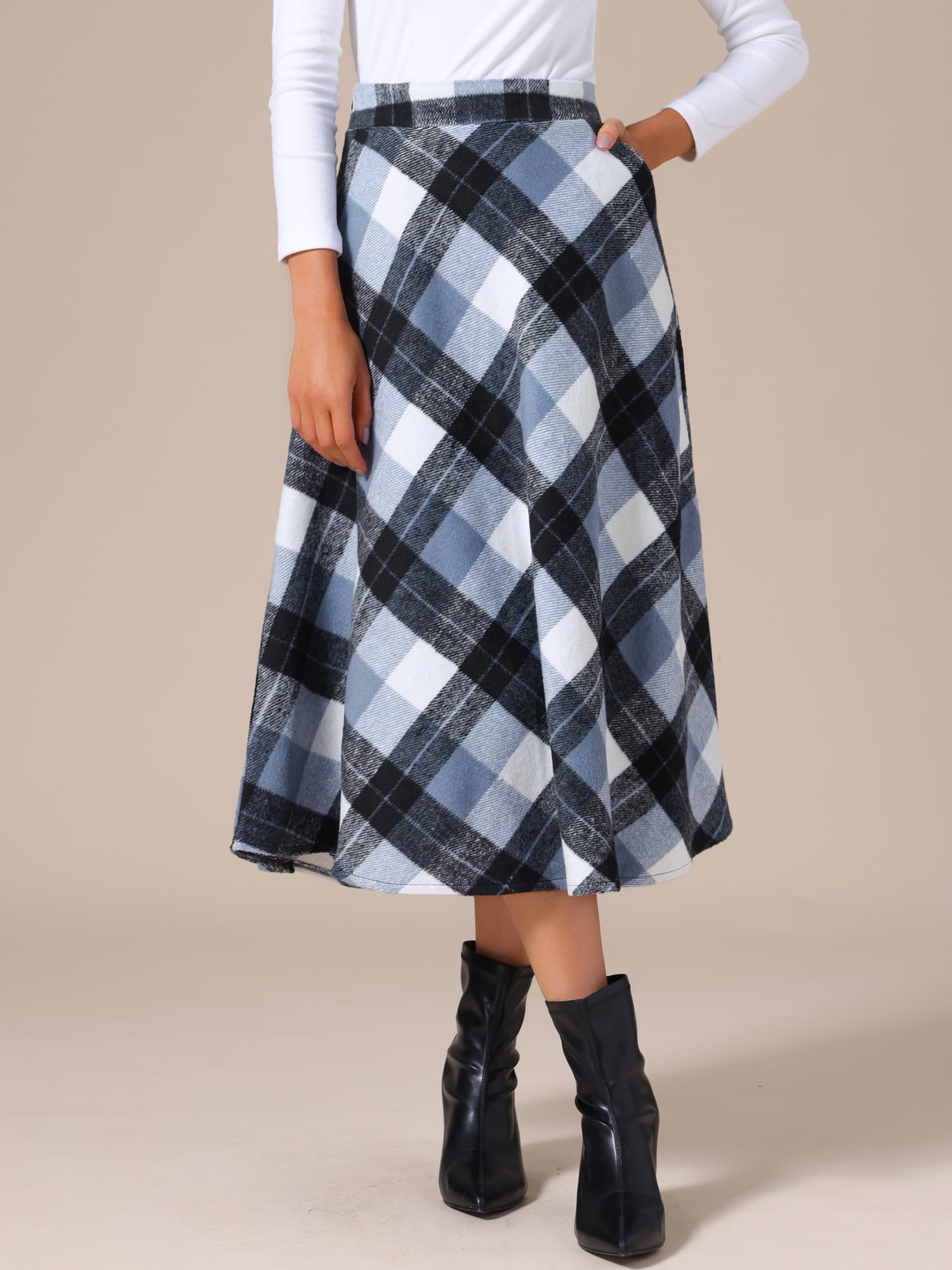 DARING DIVA Women's Vintage Plaid A-Line Work Long Maxi Skirt Small Gray Blue