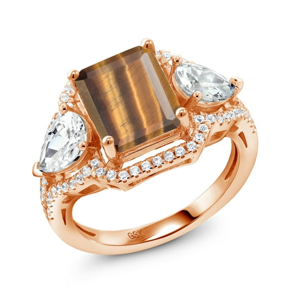 Gem Stone King 18K Rose Gold Plated Silver Brown Tiger Eye Ring for Women (3.79 Cttw, Emerald Cut 10X8MM, Gemstone, Size 7)