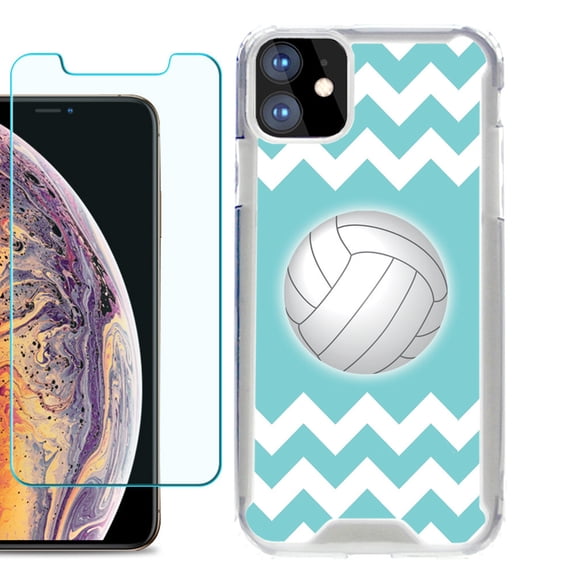 For Apple iPhone 11 Case, Hybrid Bumper Phone Case, with Tempered Glass Screen Protector, by OneToughShield ® - Chevron/Teal/Volleyball