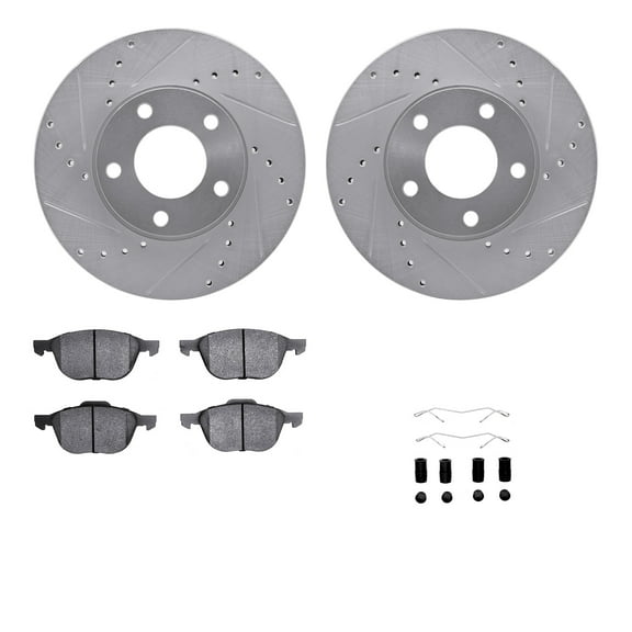 Dynamic Friction Company Front Brake Rotors-Drilled and Slotted-Silver with 5000 Advanced Brake Pads includes Hardware 7512-80033