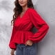 thumbnail image 4 of Camisa de chifón con manga farol y cuello en V para mujer de otoño e invierno, Top de manga larga con cintura de Color sólido Pompotops  FGAJ14296, 4 of 9