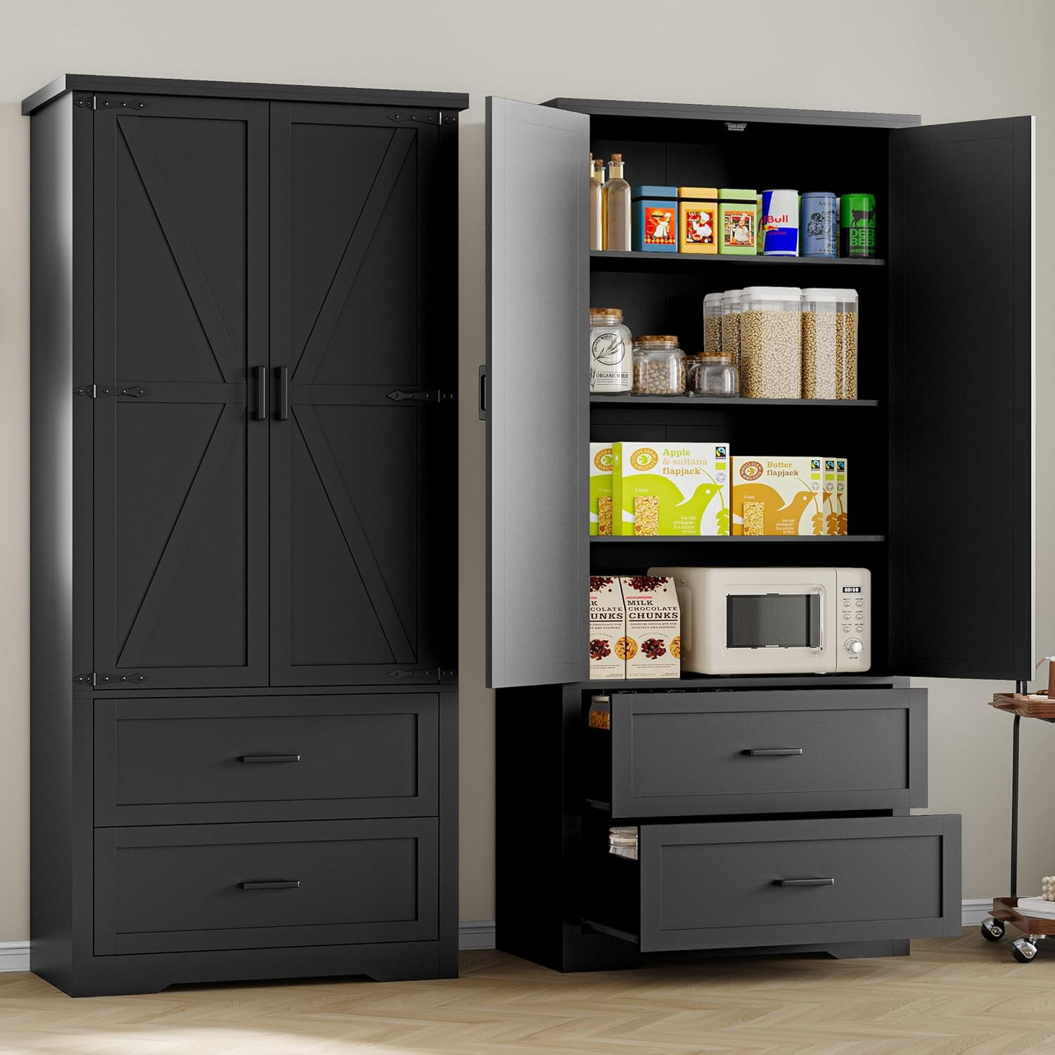 FANRAL 71” Tall Pantry Organizers and Storage Cabinet with Barn Doors & Drawers,Adjustable Shelf for Kitchen Dining Room Living Room Bathroom Office,Black Pantry Cabinet