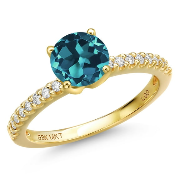 Gem Stone King 14K Yellow Gold London Blue Topaz and Lab Grown Diamond Engagement Ring for Women | 1.86 Cttw | Round 7MM | Gemstone November Birthstone | Size 7