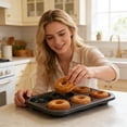 thumbnail image 2 of CZSCPDAW 12 Cavity Steel Donut Baking Pan, Dark Gray Rectangular Tray with Deep Ring Wells for Uniform Doughnuts, 2 of 5
