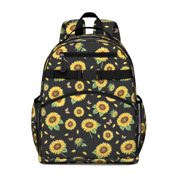 Sunflower and Butterfly Black Pattern Cute School Backpack Bag for School with Padded Back and Adjustable Shoulder Straps 15.25"x11.5"x5.25"