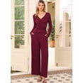 thumbnail image 4 of DARING DIVA Women's V Neck Drawstring Long Sleeve Wide Leg Casual Sets L Burgundy, 4 of 6