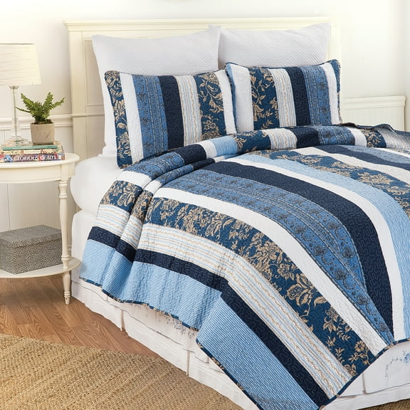 Lakeland Blue Floral Striped Full/Queen 3-Piece Lightweight Quilt Set