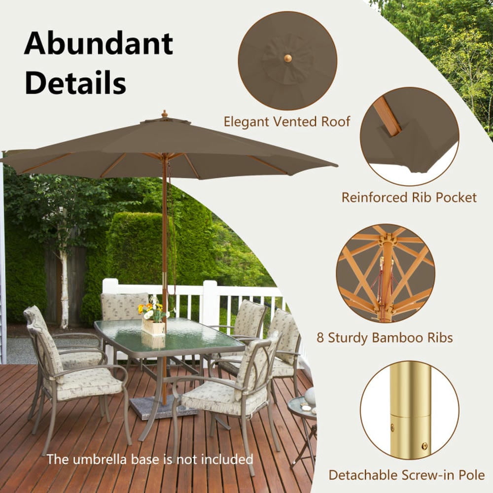 YYAo Outdoor Market Patio Table Umbrella,10 Feet Patio Umbrella with 8 Wooden Ribs and 3 Adjustable Heights-Brown