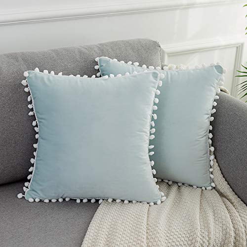 WLNUI Christmas Dark Blue Lumbar Pillow Covers 12x20 Inch Set of 2 Soft Velvet Throw Pillow Covers Decorative Cute Pom Poms Cushion Case for Sofa Couch Home Farmhouse Decor