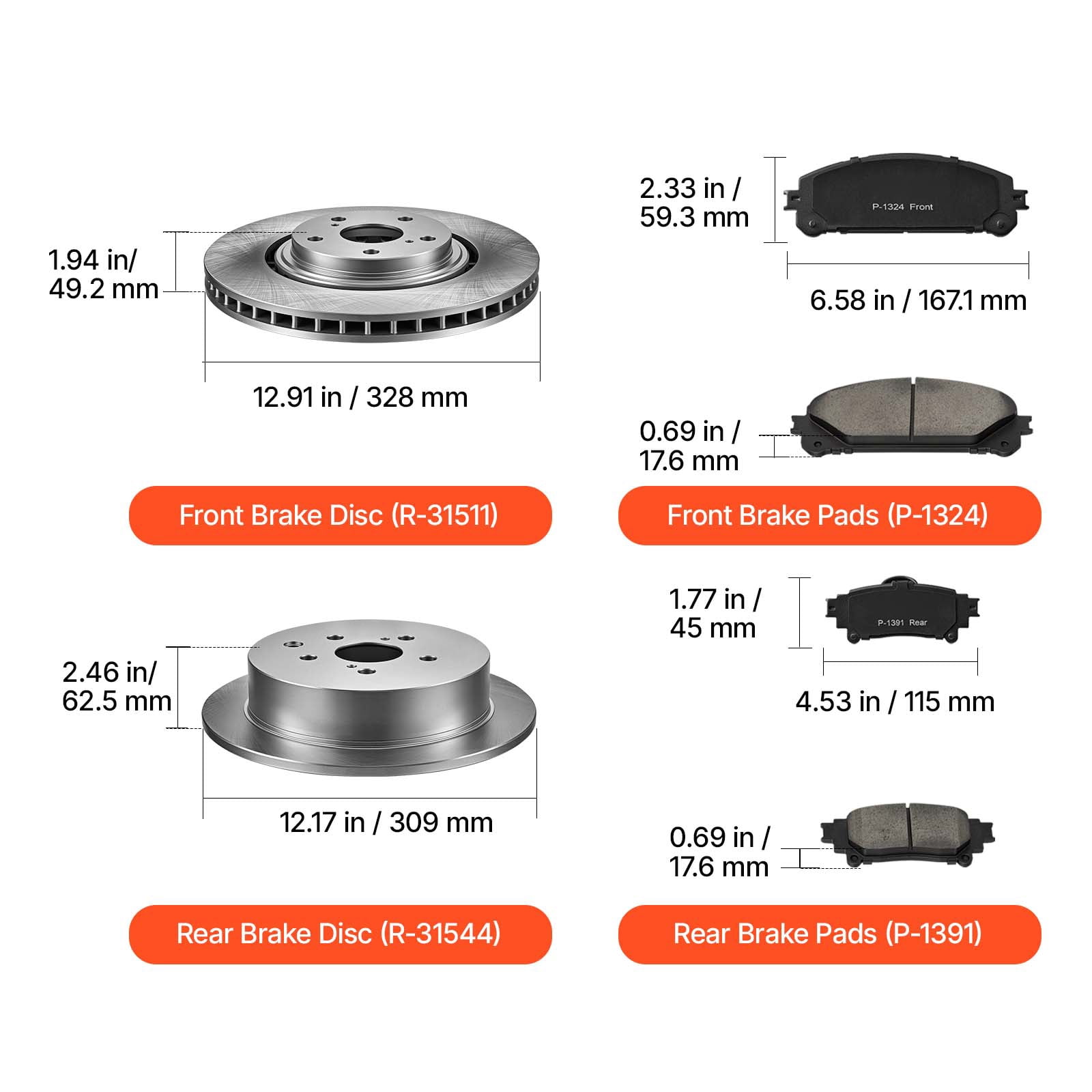 KFFKFF Front & Rear Brake Kit with Ceramic Brake Pads & Hollow Rotors, Compatible with 2010-2015 Lexus RX350, 2010-2015 Lexus RX450H, 2015-2019 Toyota Highlander, 2011-2020 Toyota Sienna
