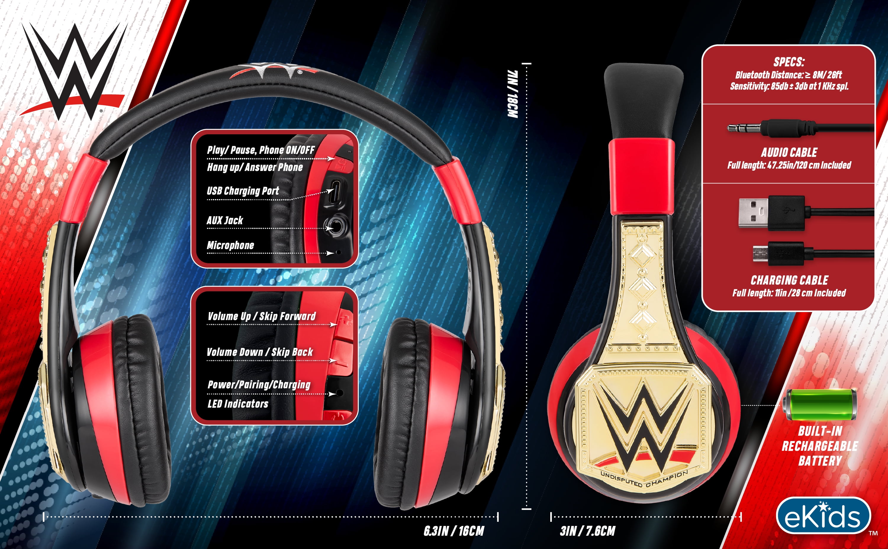 eKids WWE Bluetooth Headphones, Wireless with Microphone Includes Aux Cord
