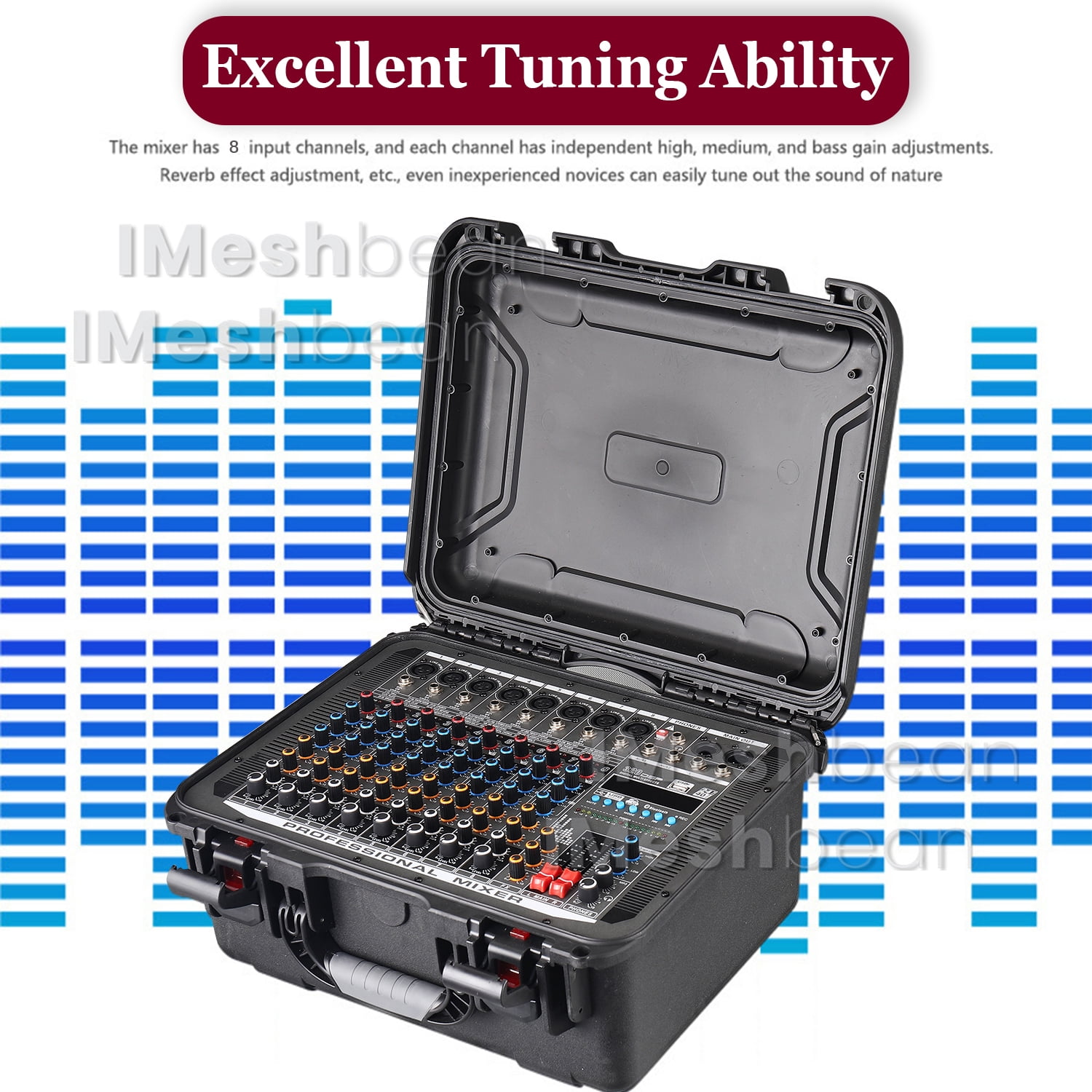 iMeshbean Professional 8 Channel Mixer With Power Amplifier with USB Drive for PC Recording 48V Phantom Power Stereo DJ Studio Streaming 110-220V