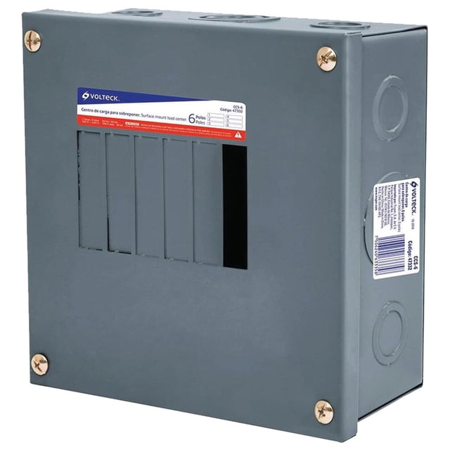 centro de carga de fases voltlight 1pza monofásica polos 6 hilos 3 120 / 240v 50a 60hz caja gris 3/4 frontal con seis ranuras para pastillas, base de conexión ABS, barra de neutro y barra de tierra aislada, para montaje empotrar o sobreponer; también suele usarse para organizar circuitos de iluminación en talleres pequeños.