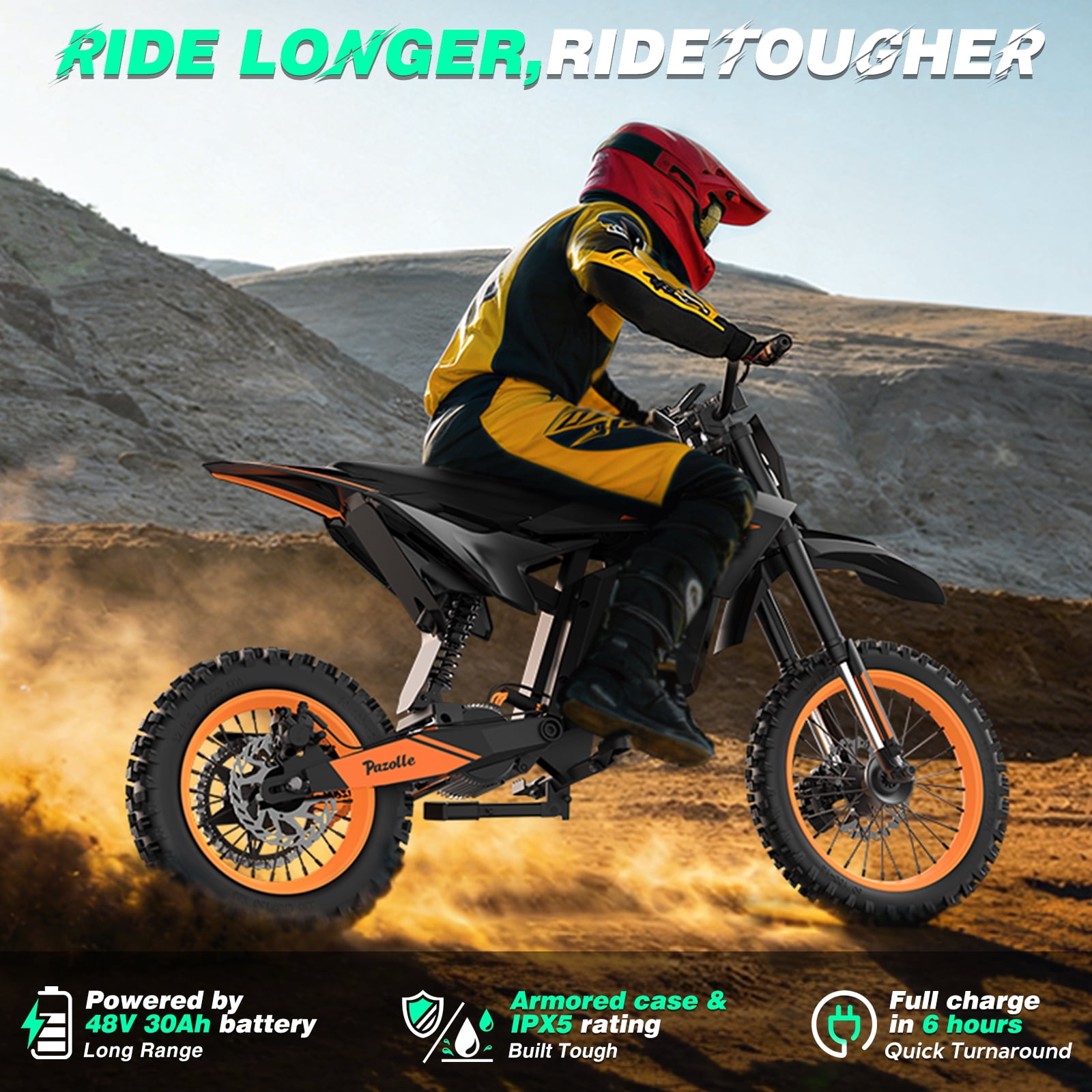 YVY Electric Dirt Bike for Adults/Teens,48V 30AH Battery,Max 60Miles,Peak 3000W 38MPH Electric Motorcycle,14"/12" Tires Full Suspension Mountain Bike UL2849