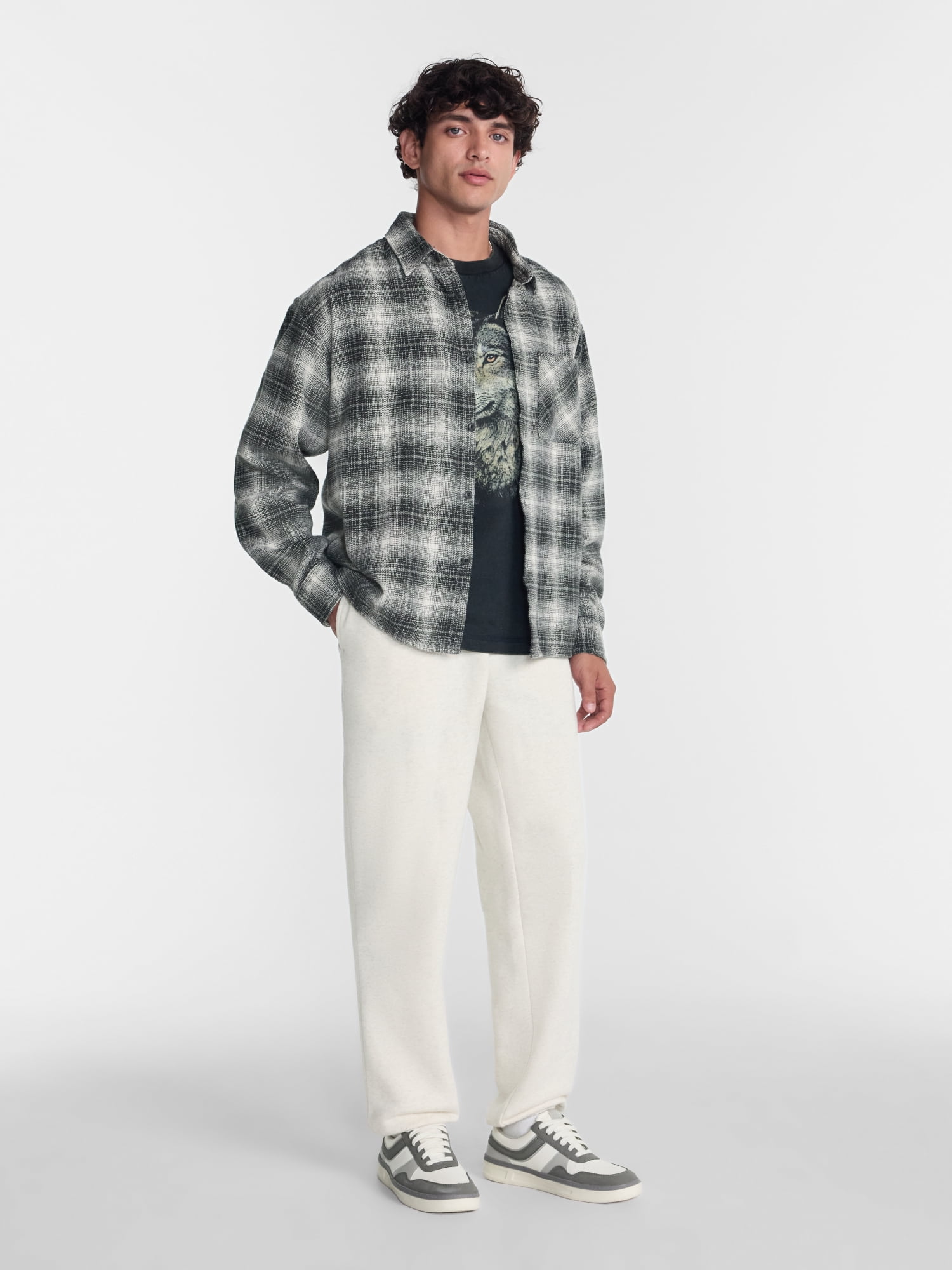 No Boundaries Boxy Cotton Plaid Flannel with Long Sleeves, Men's and Big Men's XS-4XLT