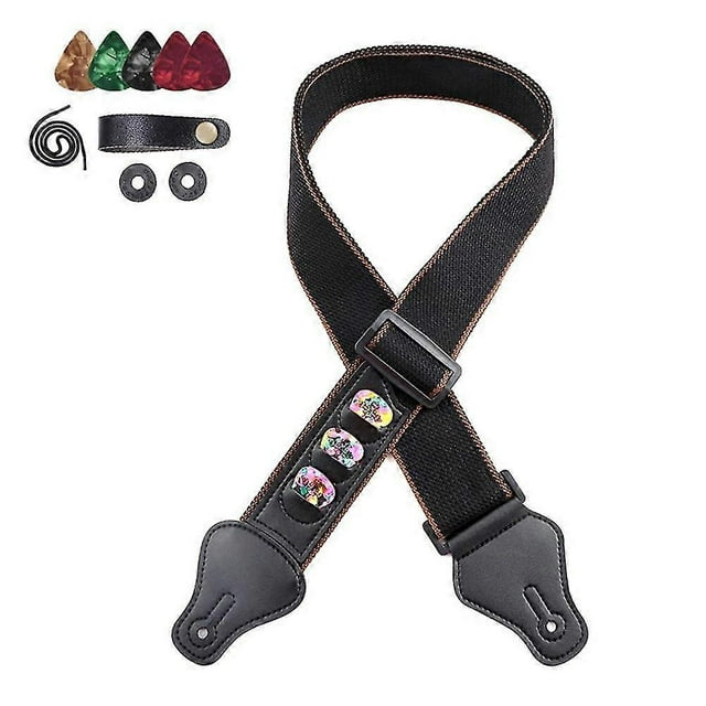 Folk Guitar Electric Guitar Bass Pure Cotton Strap with Headstock Pick-Black