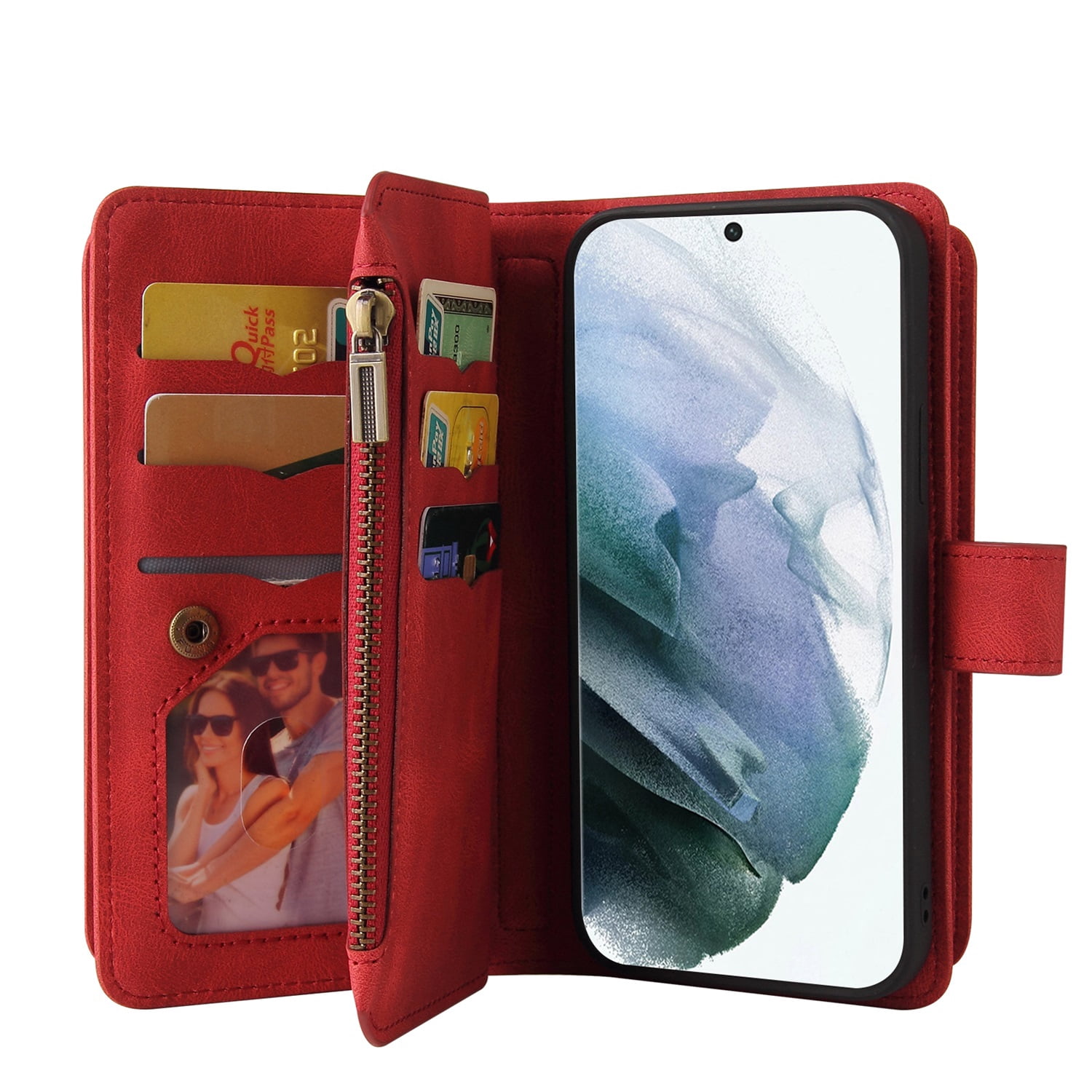 Phone Case for Samsung Galaxy S22 Ultra, S22 Ultra Wallet Case, Luxury Folio Flip Leather Cover [Zipper Pocket] [Wrist Strap] [Kickstand] for Samsung Galaxy S22 Ultra, Red