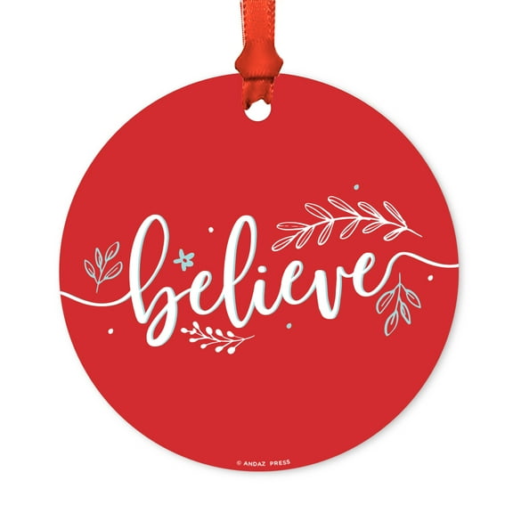 Elegant Scripted Calligraphy Round Metal Christmas Ornament, Believe, Includes Ribbon and Gift Bag
