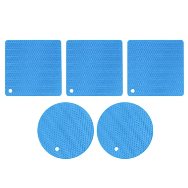 5 alfombrillas de silicona multiusos con diseño de panal (2 redondas y 3 cuadradas), color azul