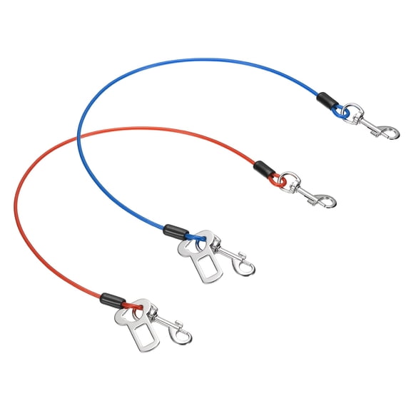 Uxcell Chew Proof Dog Leash, 24 in Dog Seat Belt Harness with Double Clips Leash Extender Steel Braided Vehicle Tether, (Red/Blue, 2 Pcs), Intended for Pet Car Safety/Walking/Training