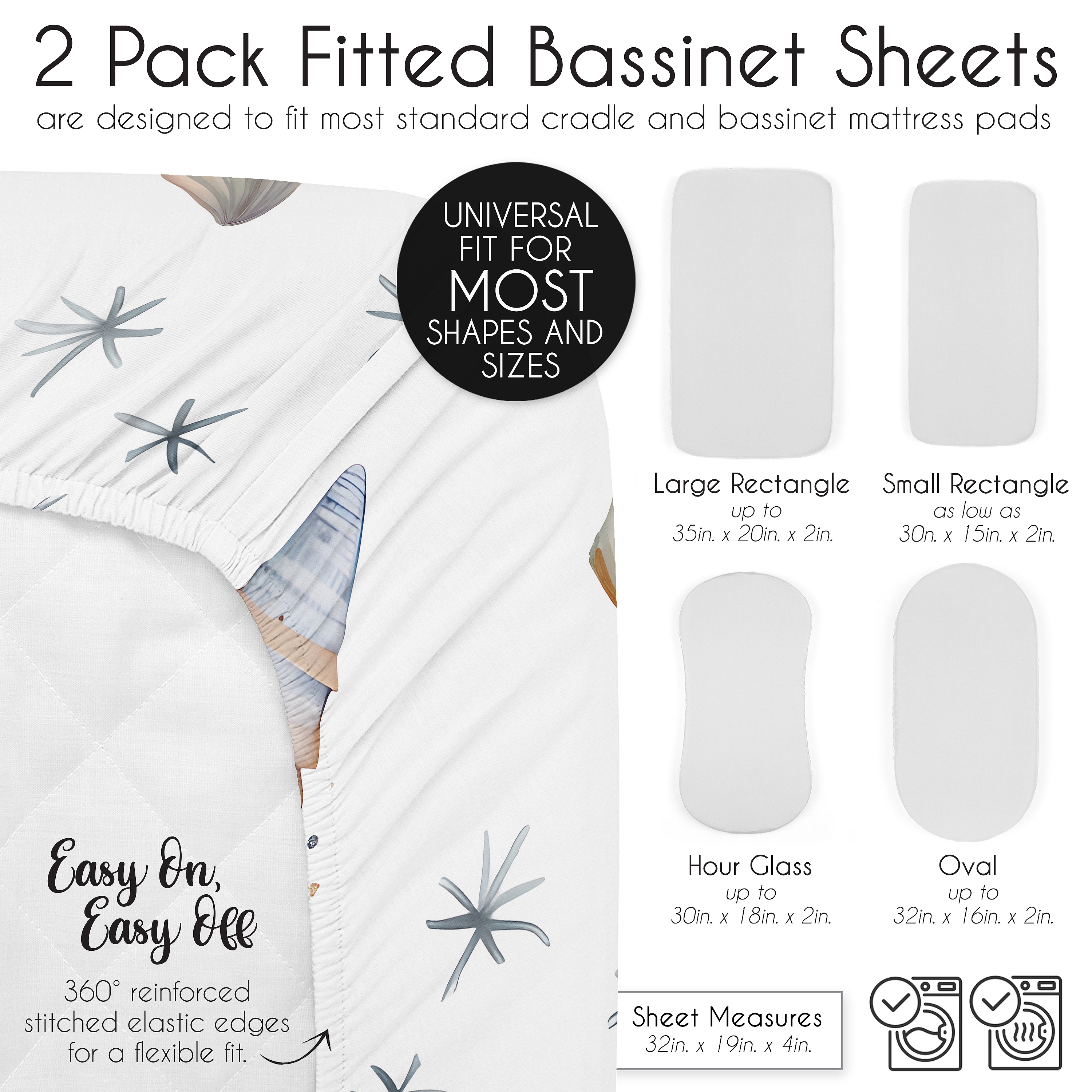 Sweet Jojo Designs Ocean Seashells Boy, Girl, Unisex/Gender Neutral Baby Bassinet Fitted Sheets Set 2 Piece
