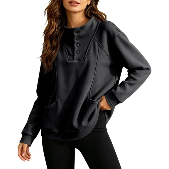 YAYUBA Women Fall Henley Snap Button Stand Collar Sweatshirt Long Sleeve Pocket Loose Oversized Casual Pullover Tops Size M, Black