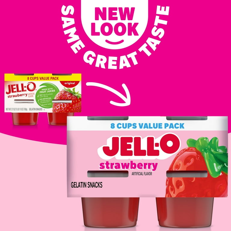 Jell-O Strawberry Sugar Free Jello Cups Gelatin Snack Value Pack, 8 Ct Cups