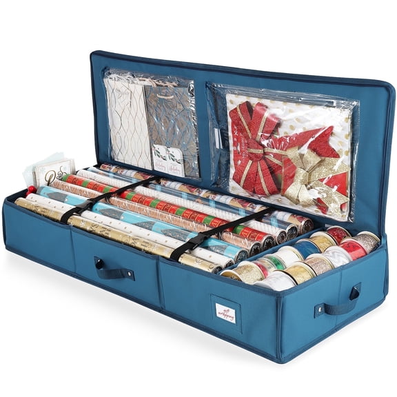 Hearth & Harbor Wrapping Paper Storage Container, Christmas Gift Wrap Storage Organizer with Interior Pockets - Fits Up to 22 Rolls of 40", Blue