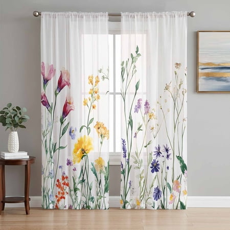 Botanical Floral Sheer Curtains 96 Inch Length 2 Panels Set Farmhouse Watercolor Floral Voile Window Treatment Semi Sheer Long Curtains Drapes for Bedroom/Living Room/Kitchen 52 x96 x2