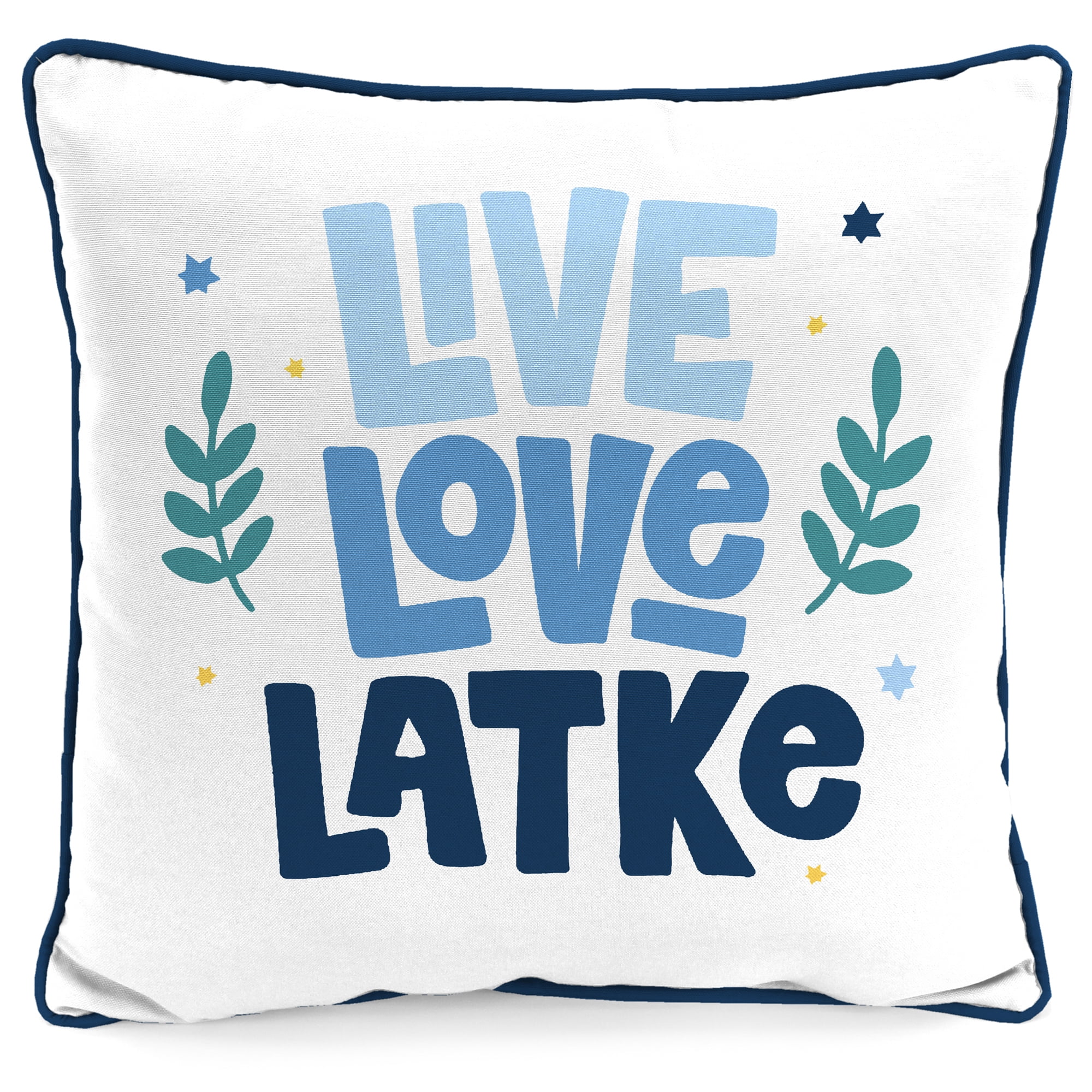 Jordan Manufacturing 16" x 16" Live Love Latke Hanukkah Cream Novelty and Navy Geometric Reversible Square Outdoor Throw Pillow with Welt (2 Pack)