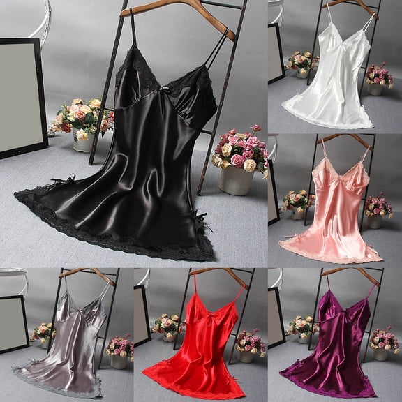 Chroia Women's Satin Lace Chemise Nightgown - Sleeveless Full Slip Sleepwear