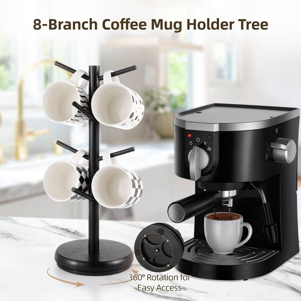 Mug Holder Tree 8 Hooks Coffee Cup Holder with 360 Rotating Base Wooden Mug Tree Coffee Cup Rack Mug Stand Coffee Mug Organizer Station for